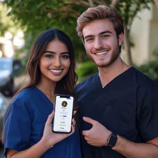 Dentists holding phone with dental.bio website