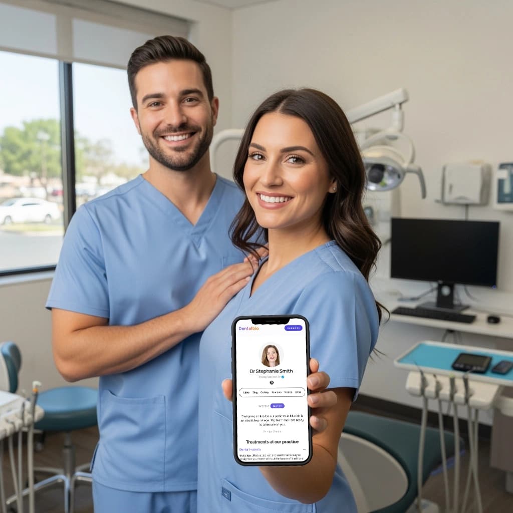 Dentists holding phone with dental.bio website